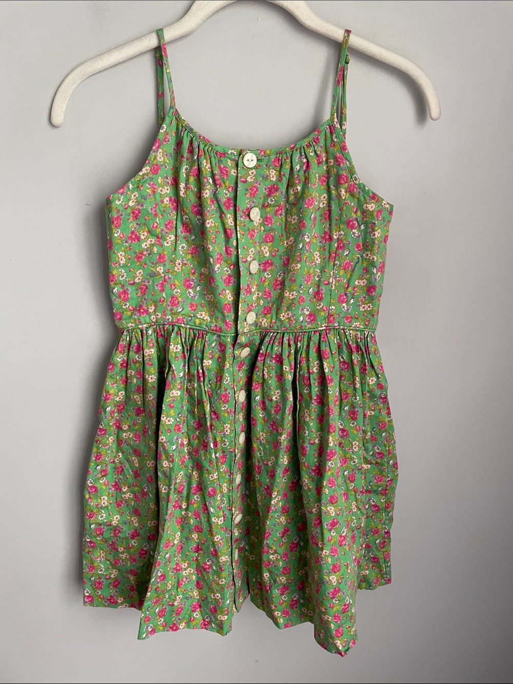 Ralph Lauren Girl’s Green Floral Button-Front Sundress with Pink Accents Size 12